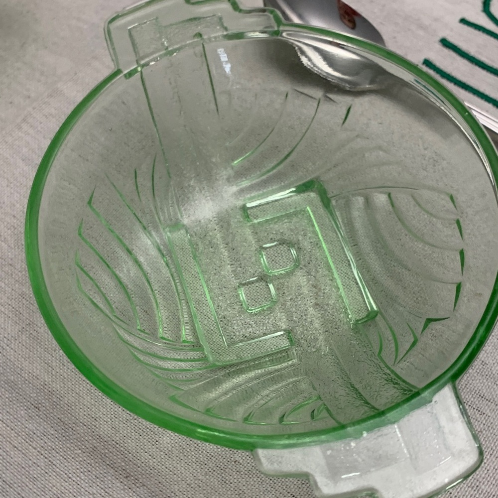 Depression Green Glass Handled Art Deco Bowls Set of 3 w/3 ONEIDA DJ Teaspoons